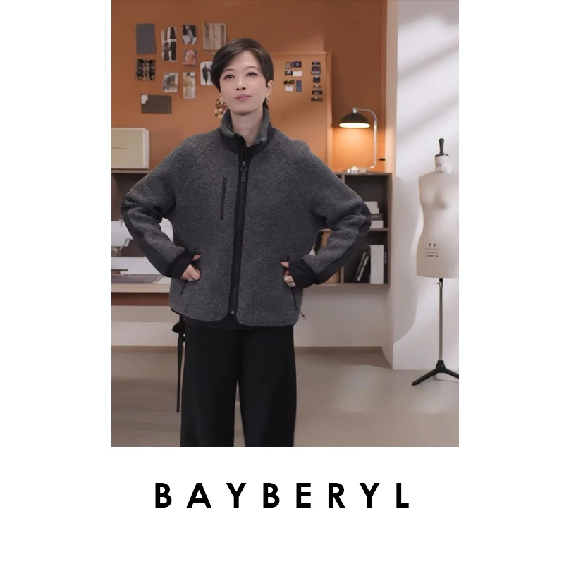BAYBERYL老贝芝芝*羊毛拼接立领冬拉链保暖外套9NT5J2441-10/25