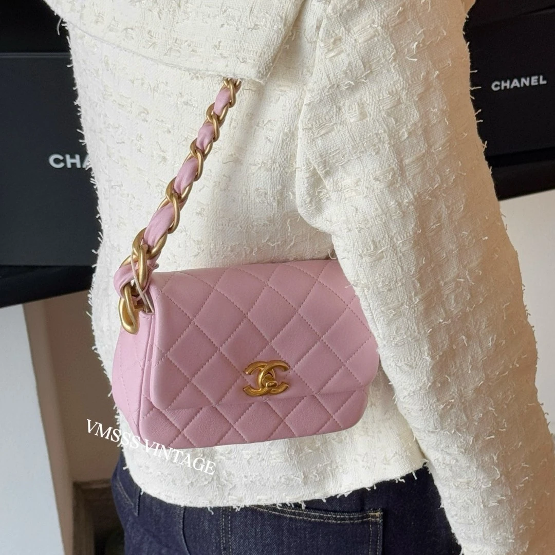 99新 Chanel/香奈儿 24s樱花粉口盖金扣粗链条芯片单肩包/13810