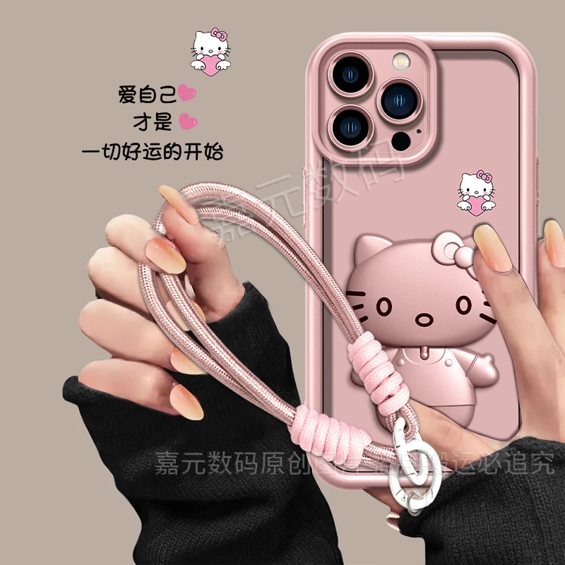 适用【苹果16pro】爱自己香槟粉高颜值猫咪补妆镜支架手机壳防摔女