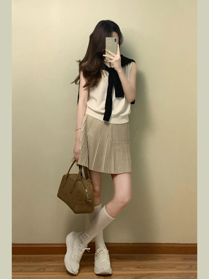 2025夏季新款韩系减龄时尚套装穿搭气质披肩无袖针织衫高腰半身裙