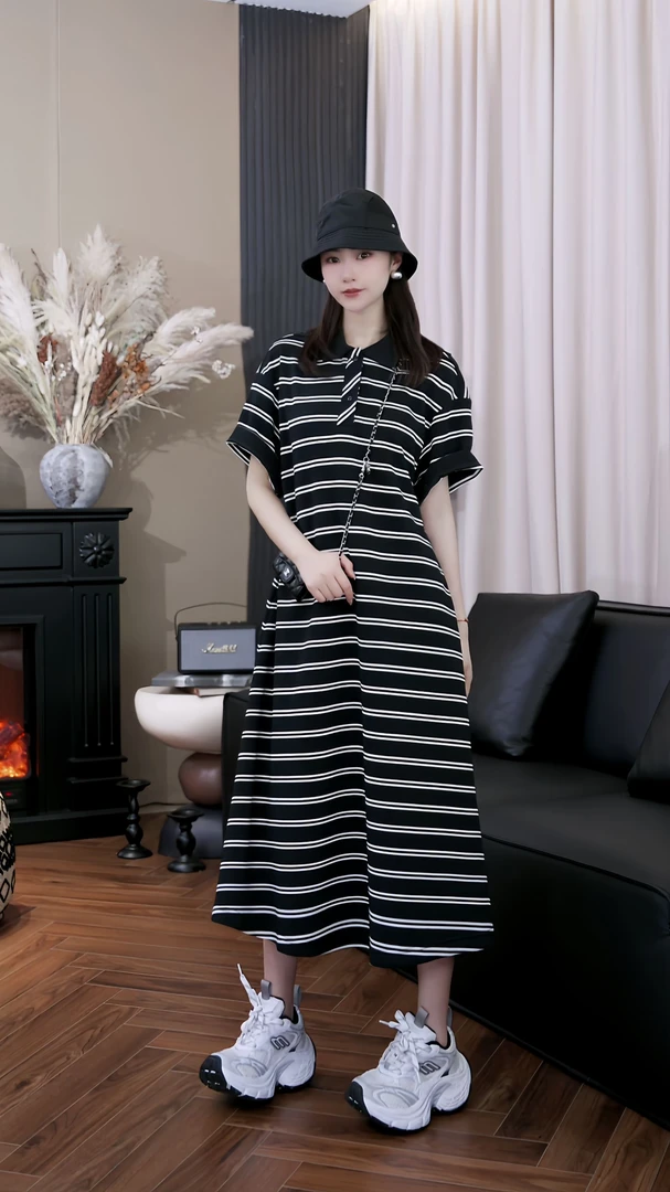 原创时尚简约宽松舒适慵懒通勤显瘦减龄POLO条纹连衣裙Z252025