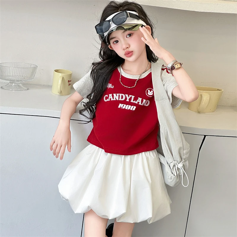 女童夏套装2025新款夏季女孩短袖T恤半身裙儿童上衣短裙两件套潮