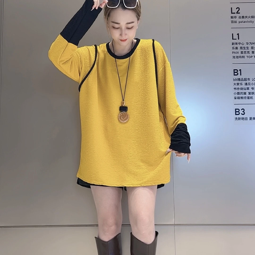 【艾艾255】大码遮肚子慵懒风拼色长袖季胖妹妹宽松显瘦圆领上衣