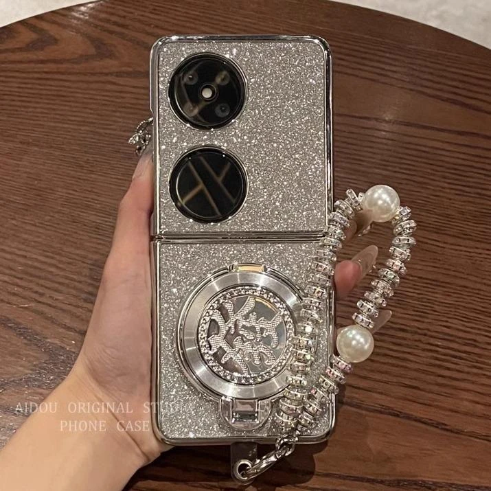 适用华为P50 Pocket 2手机壳折叠屏电镀银高级旋转发财支架保护套