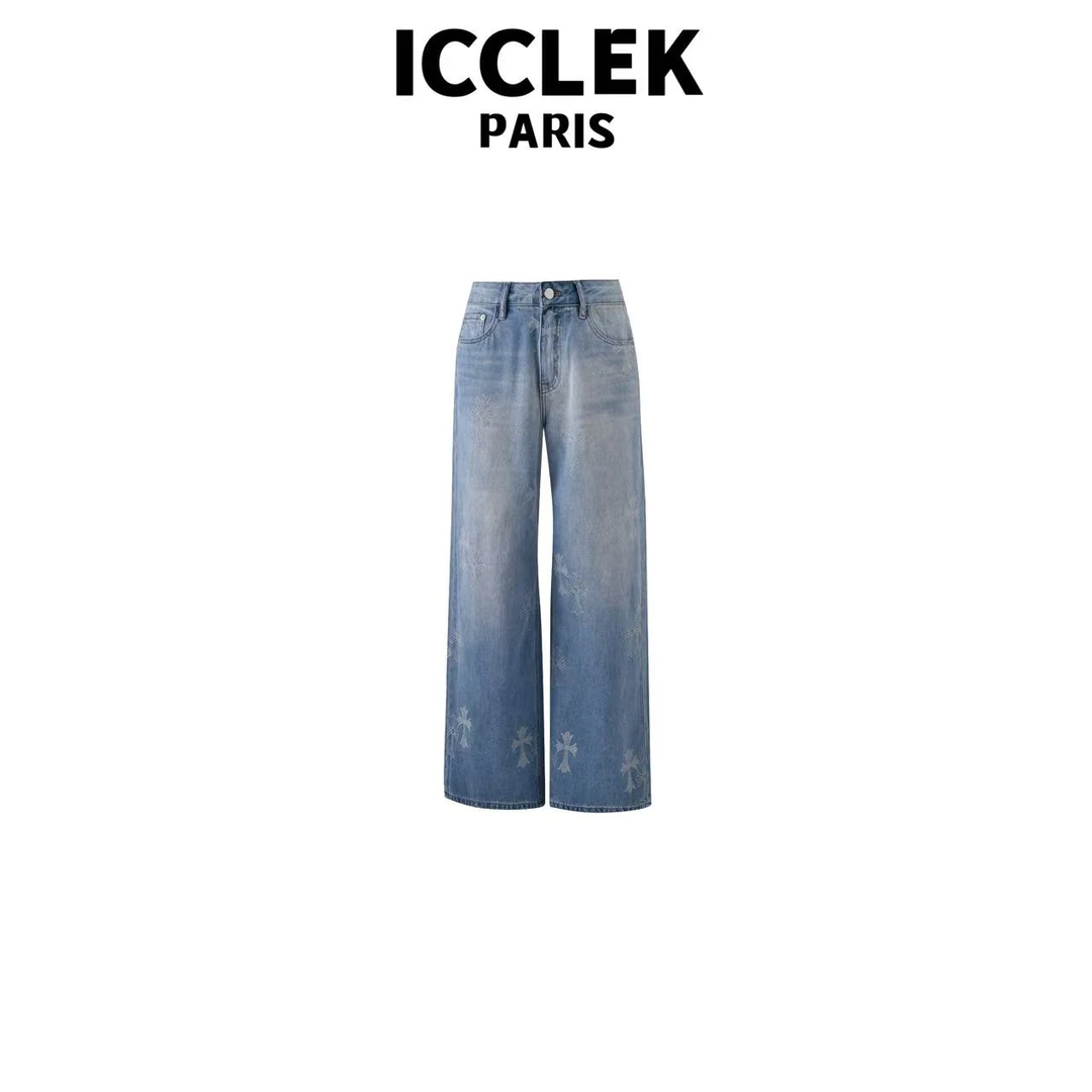 ICCLEK 设计师款蓝色印花高腰加绒直筒百搭显瘦通勤牛仔裤 - 9355