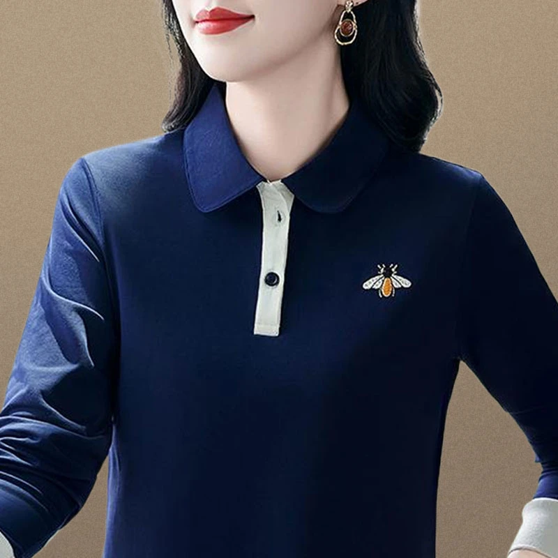 2025新款宽松妈妈休闲运动POLO衫95棉长袖T恤女春秋季上衣翻领T恤