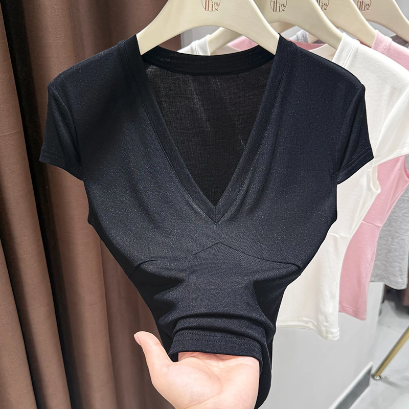 气质大V领无袖T恤短款高腰打底衫女简约黑色包袖外穿上衣亲肤小衫