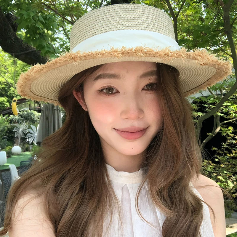 【猫仔kitten】夏季防晒平顶草帽女海边度假出游编织遮阳帽大帽檐