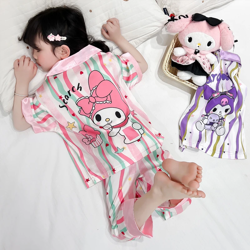 儿童冰丝短袖睡衣女孩宝宝夏季薄款空调房家居服女童夏天可爱套装