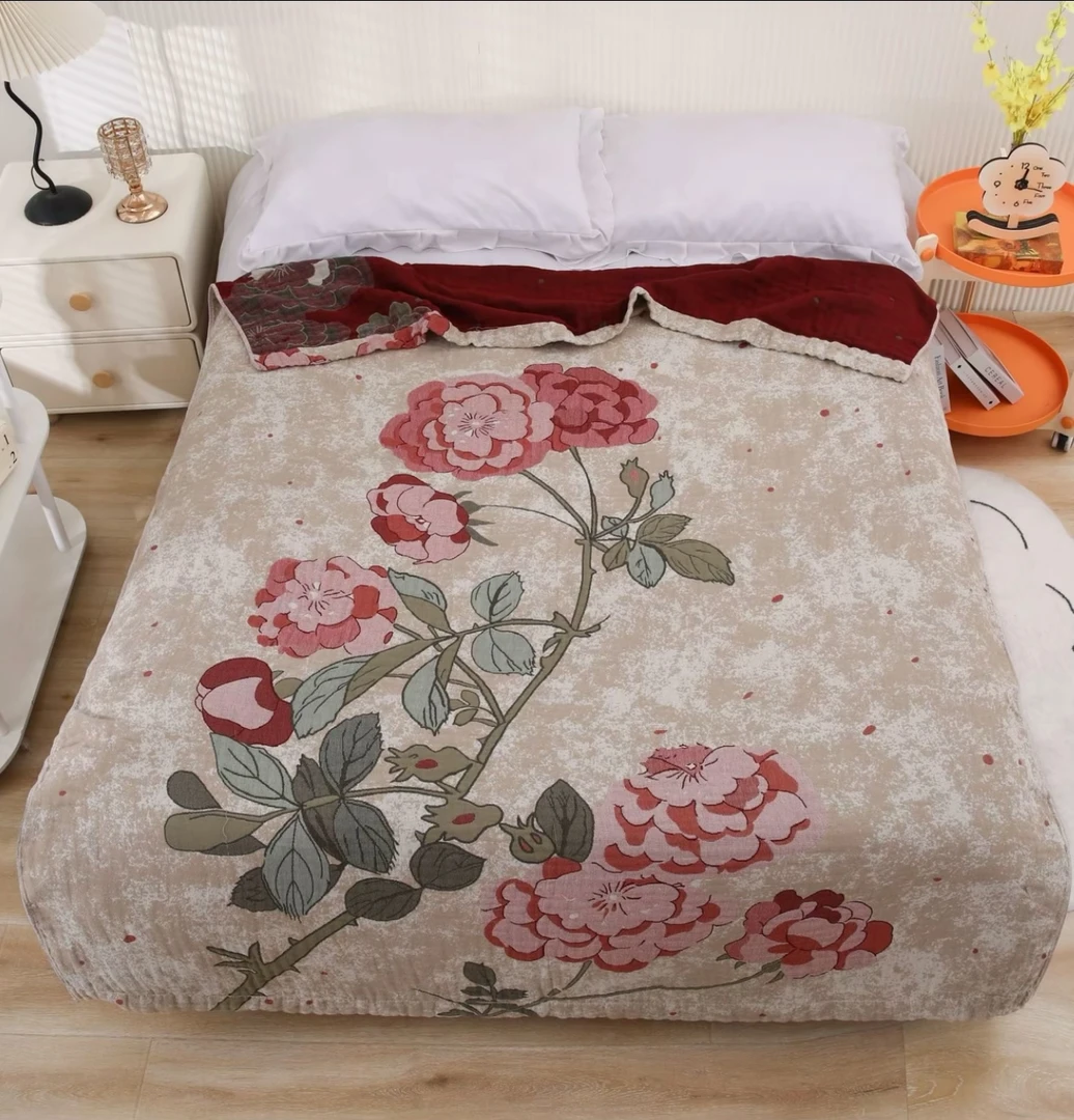 【芍药花】150*200cm雨露麻高端定制高精密床盖毯