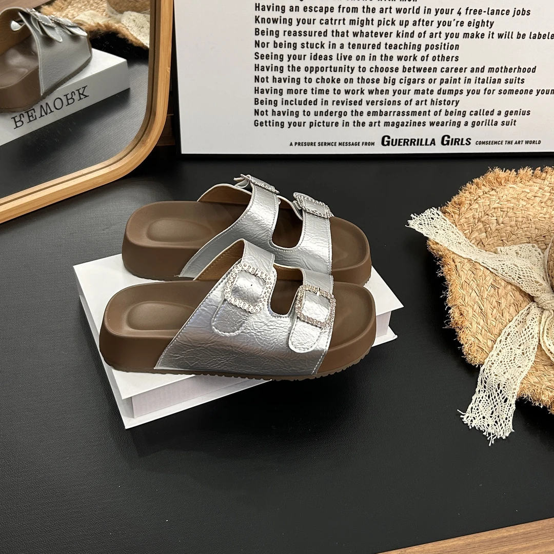 韩系时尚百搭水钻二字带松糕厚底休闲拖鞋7756