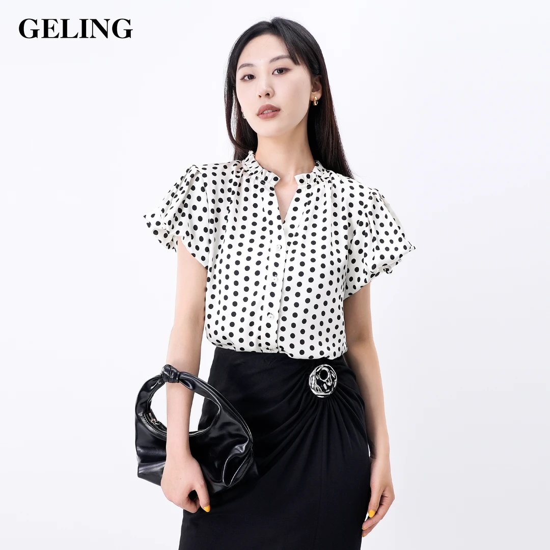 GELING/歌&玲黑白v领波点衬衫花苞袖宽松显瘦气质上衣G504W365C