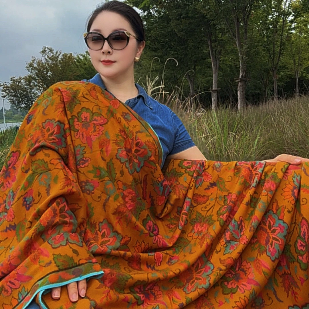 克什米尔高端大尺寸手工高原羊绒卡尼披肩/围巾复古