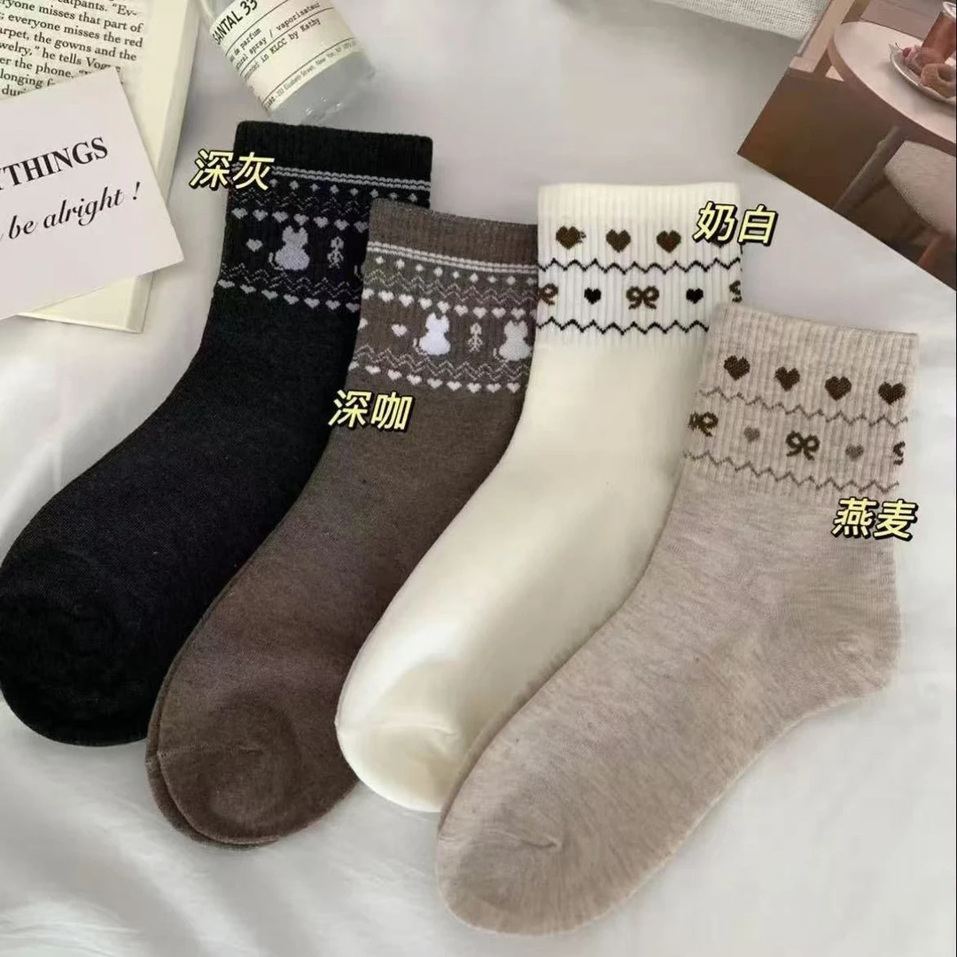 秋冬新款复古民族风袜子女士中筒袜ins风百搭堆堆袜潮流袜时尚D