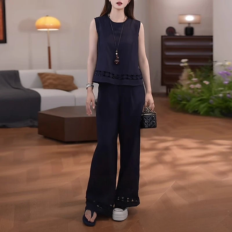 韩系时尚休闲套装女2025夏季圆领钩花无袖衬衫高腰阔腿裤子两件套