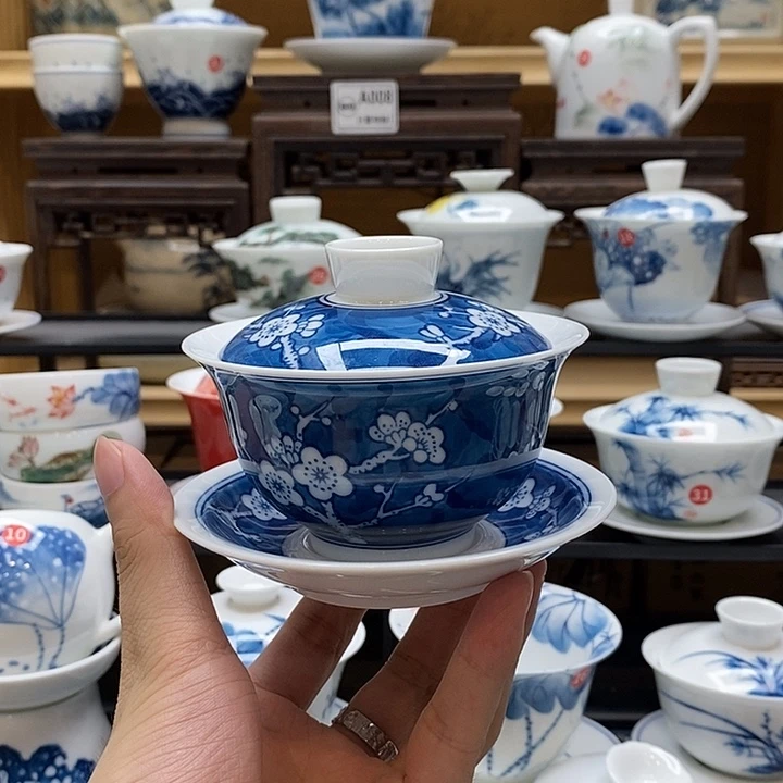 手绘冰梅盖碗釉下彩高温瓷微瑕福利款