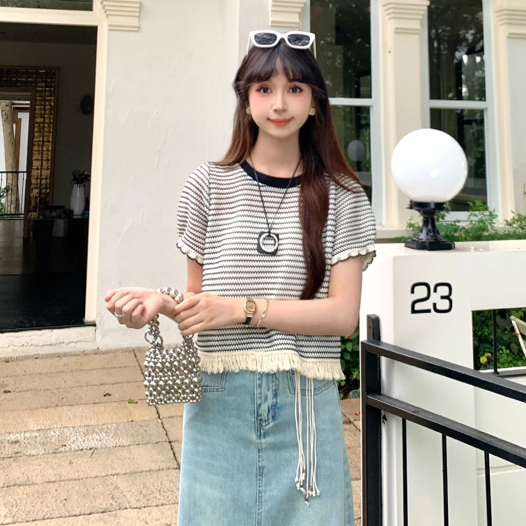 慕兔韩系条纹简约修身圆领短袖T恤女2025夏新款小个子百搭宽松