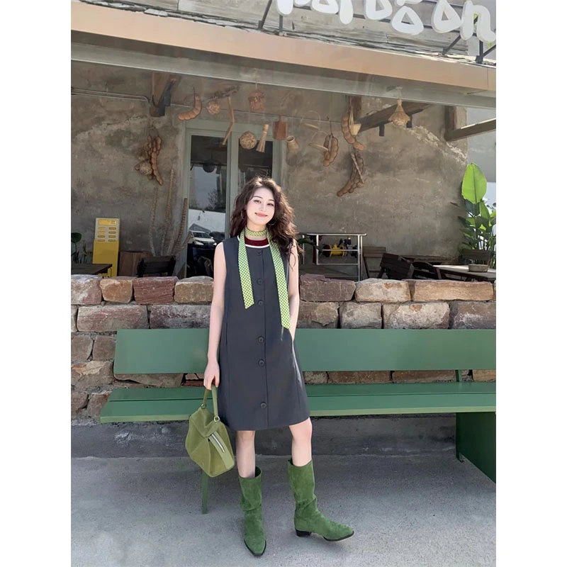 2025秋夏新款韩系撞色圆领无袖背心连衣裙高级感气质显瘦H型裙子