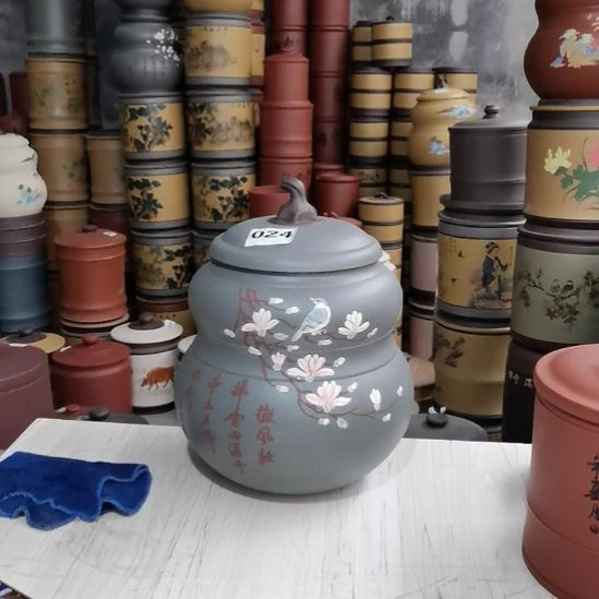 紫砂茶叶罐大葫芦本山绿花鸟024