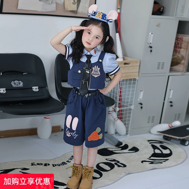 女童夏套装2025新款朱迪夏日兔子警官儿童衣服女孩夏装短袖三件套