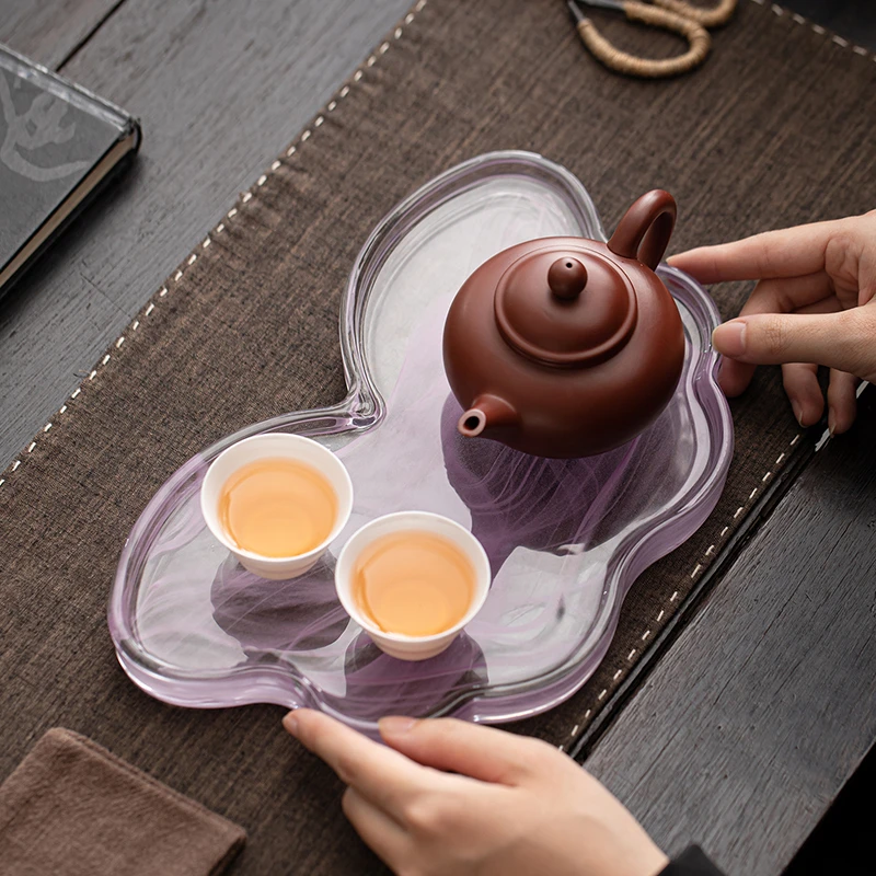 中式琉璃壶承茶台玻璃海棠干泡台粉色水墨小型托盘蝴蝶精致小茶盘