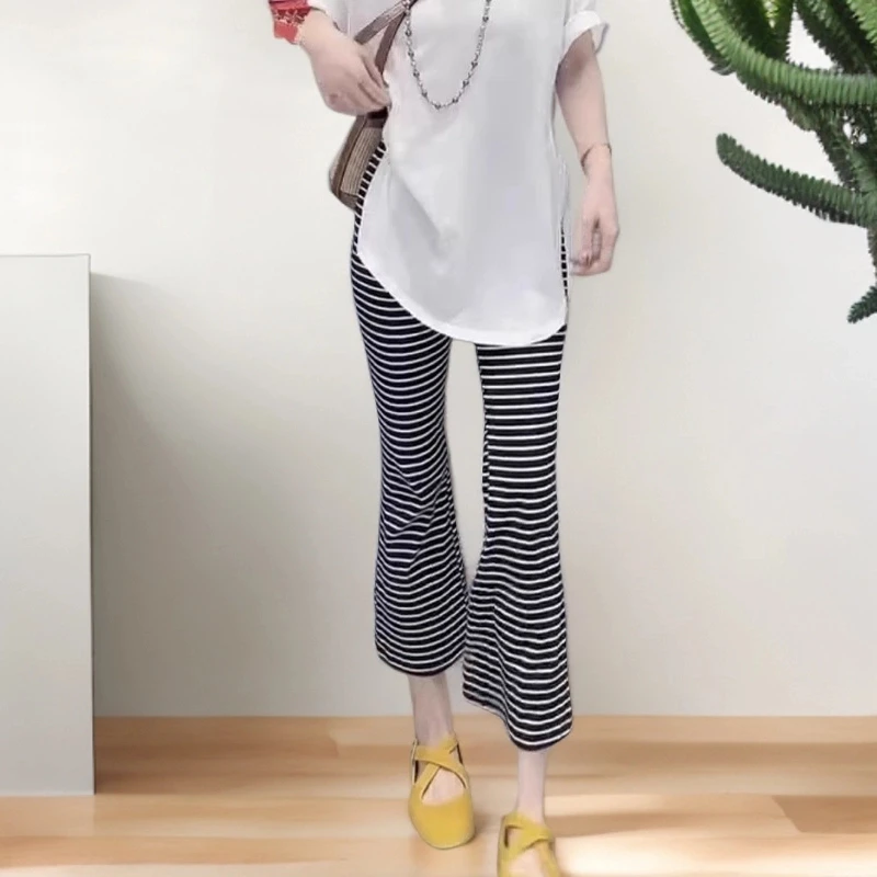 2025夏季新款垂感条纹窄版微喇裤大码女装高腰显瘦弹力百搭休闲裤