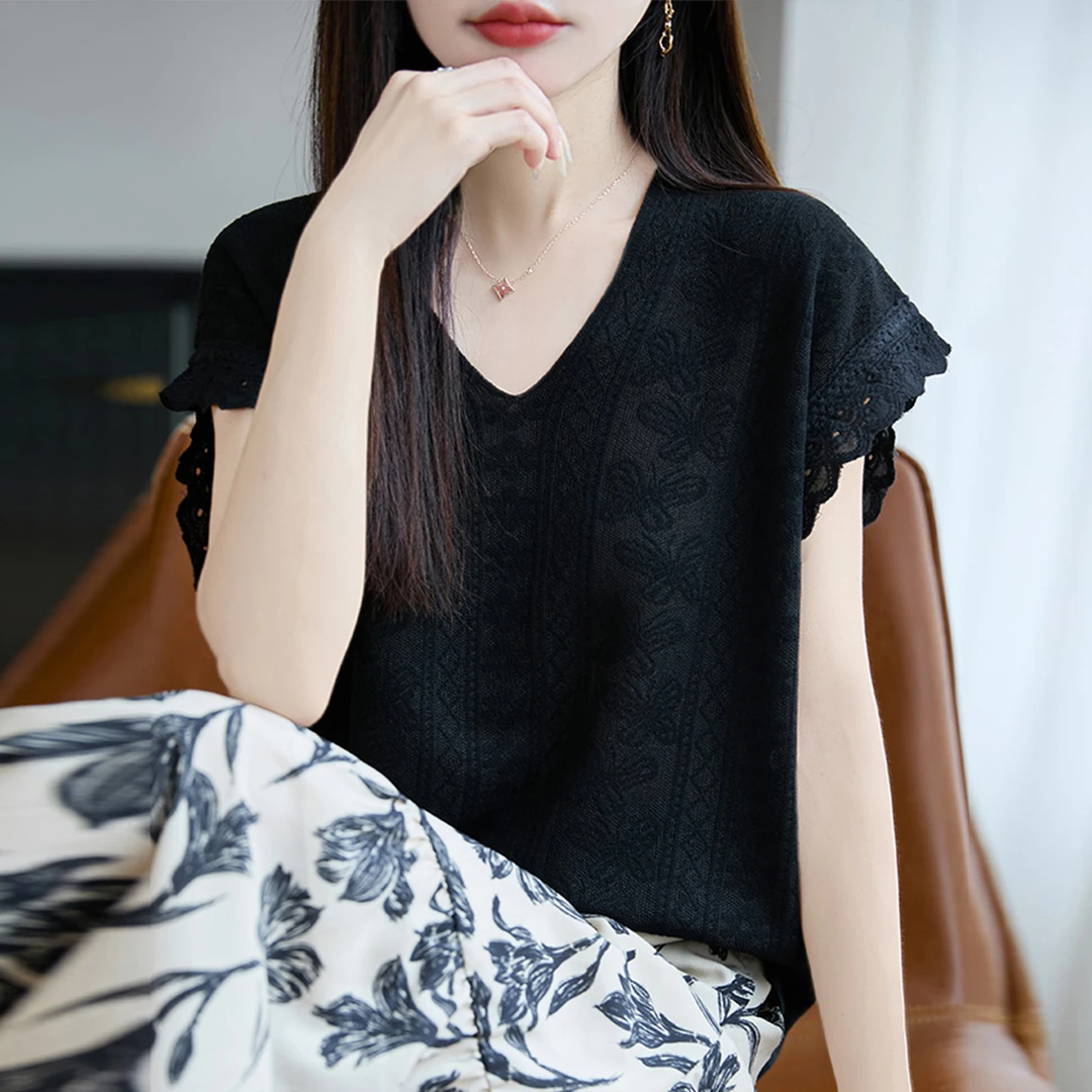 大码女装夏装胖mm冰丝针织衫女士短袖t恤遮肚子巨显瘦v领蕾丝上衣