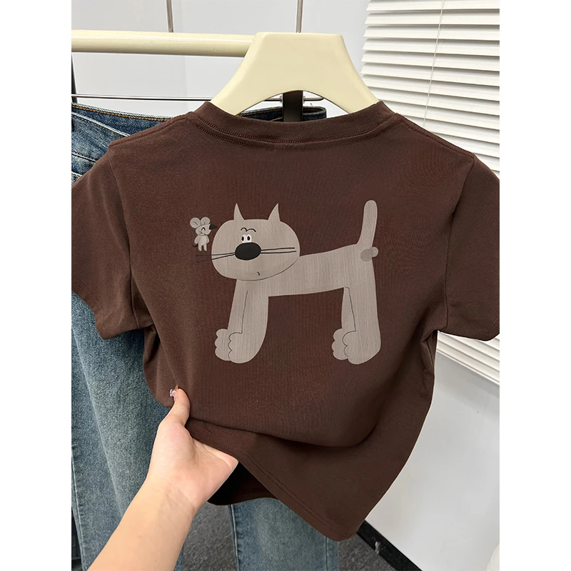 2025夏季新款美式复古可爱猫猫印花显瘦正肩短袖T恤女装上衣ins潮