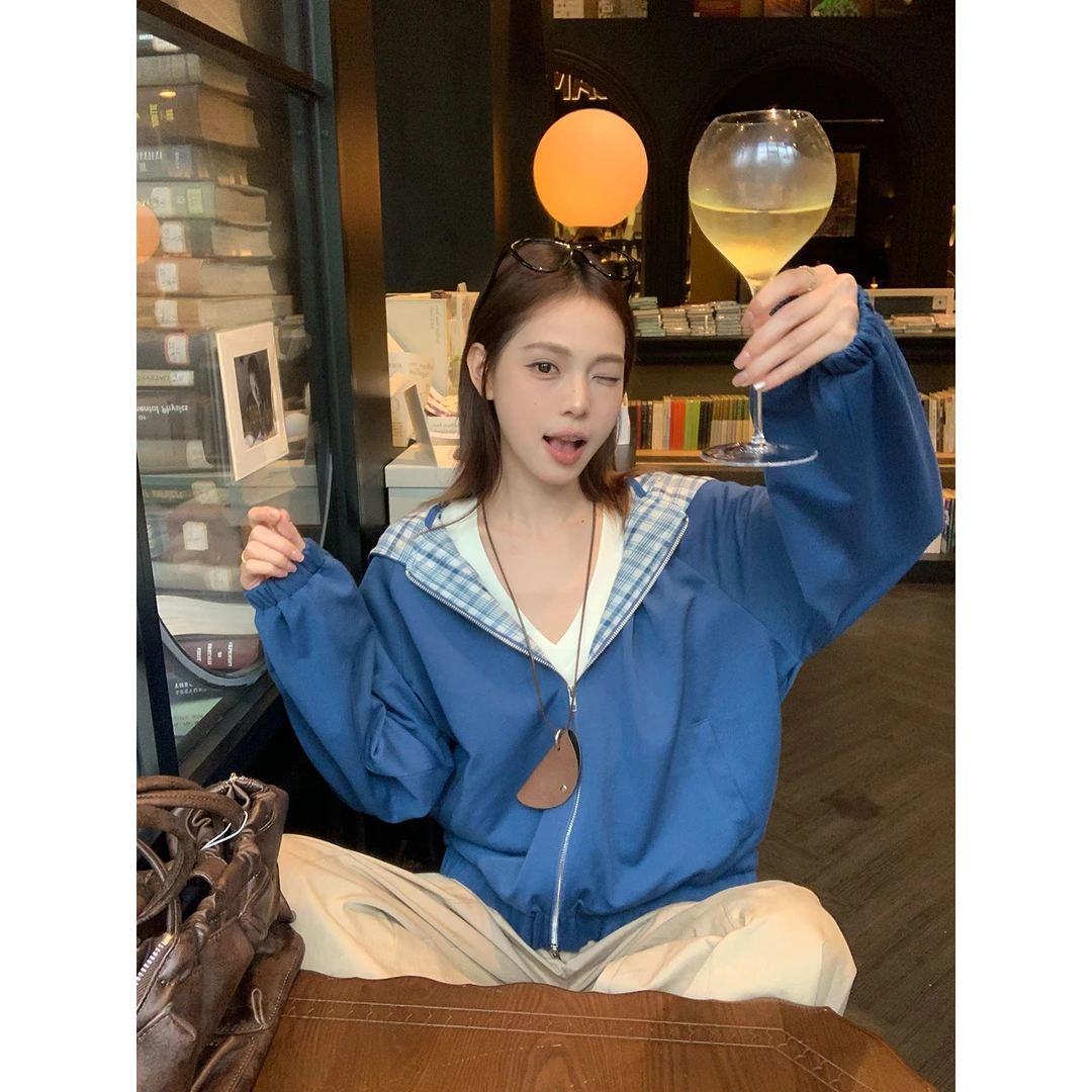 宋正恩蓝色假两件格子卫衣开衫外套女+V领打底衫两件套AA26030