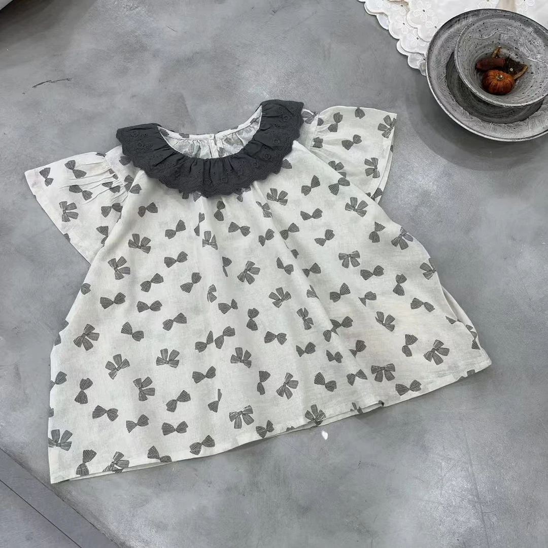 LUCK童装2025春款儿童萌娃穿搭蝴蝶结碎花飞袖娃娃衫衬衫26638