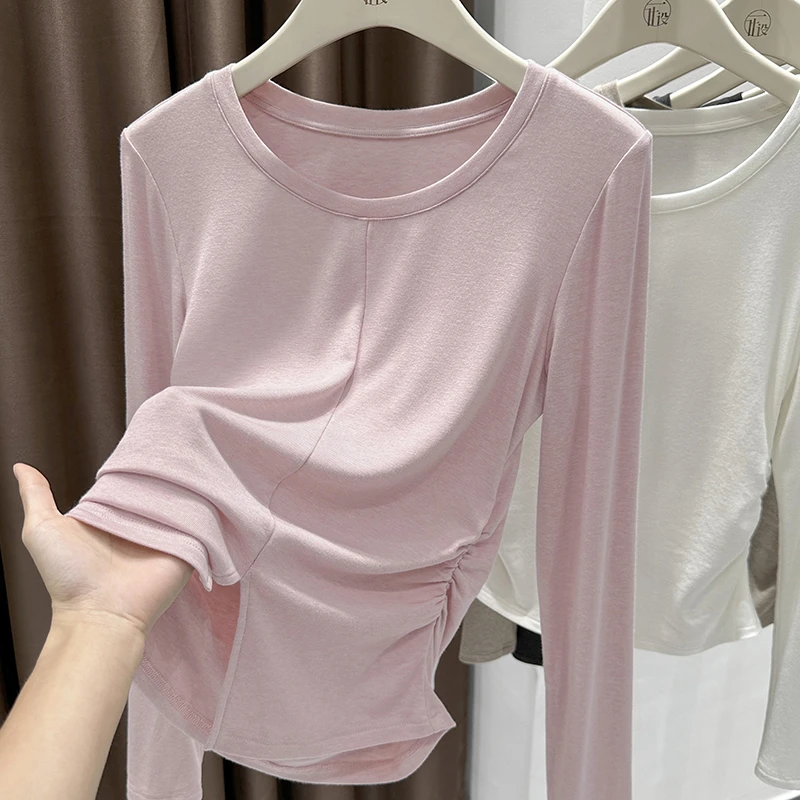 粉色圆领褶皱针织长袖上衣女早秋新款修身内搭打底衫薄款正肩T恤