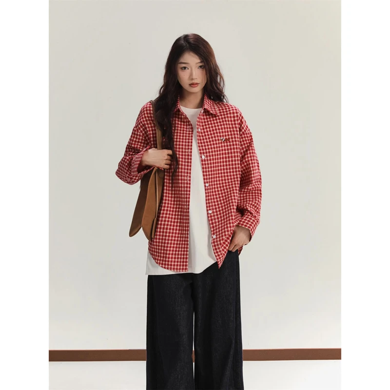 腊肠小狗刺绣红白格纹衬衫2025早秋新款港味慵懒风格子衬衣外套女