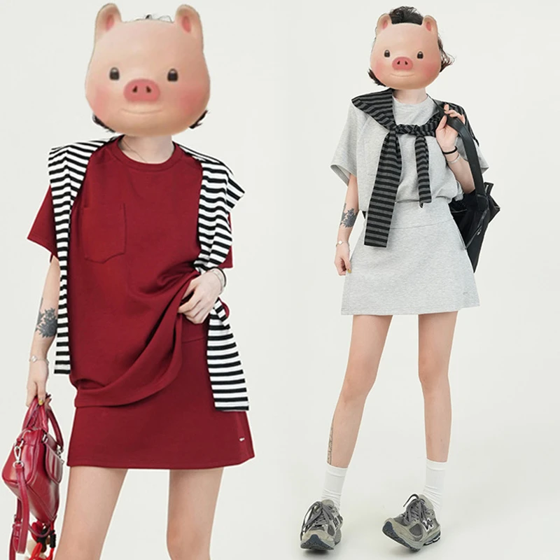 韩版孕妇休闲运动风圆领针织+防走光短裙披肩三件套套装