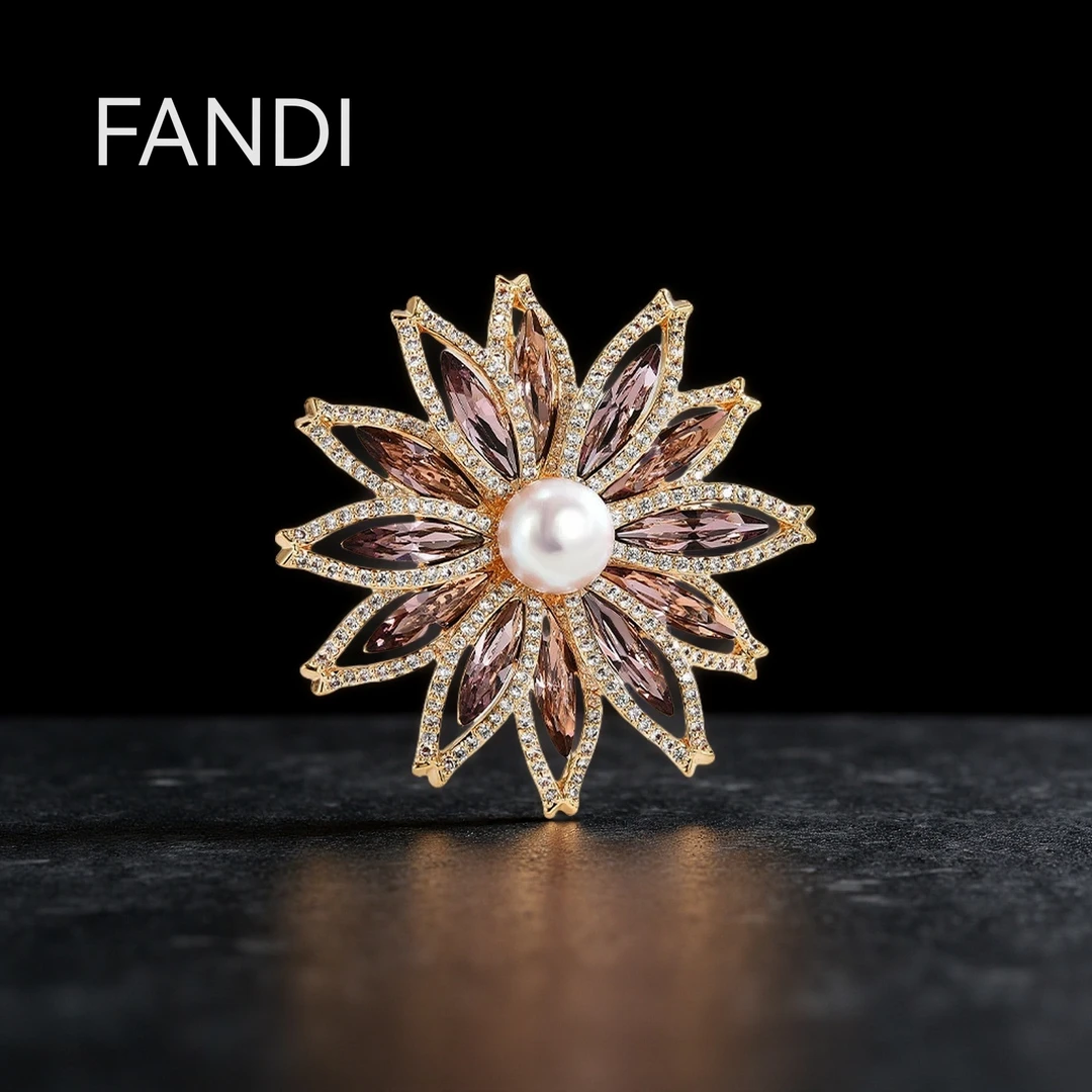 铜合金仿珍珠胸针 30021-2奢华小香风高档太阳花胸针西装胸花水晶
