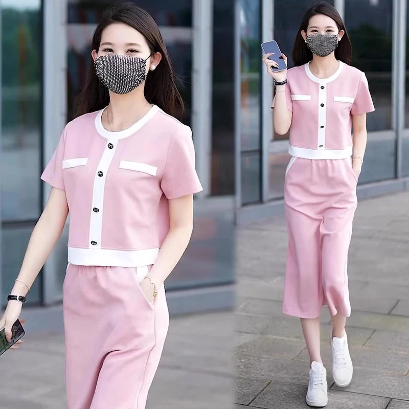 小香风套装裙子女2025夏季新款减龄显瘦短袖上衣开叉半身裙两件套