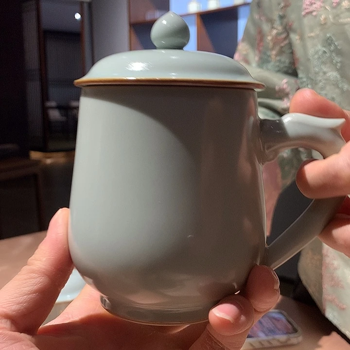 陶摆件善窑厂汝窑雕刻天青办公杯