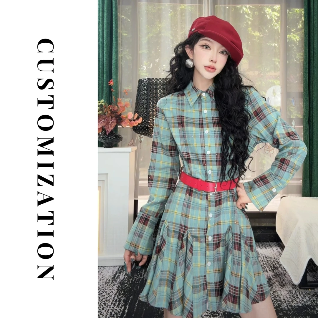 2025秋款长袖衬衫竖排扣满版方格带钻下摆褶皱显瘦连衣裙9138