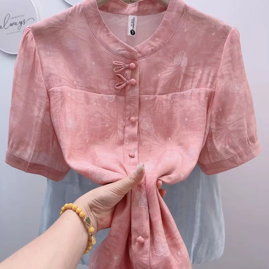 印染薄款短袖圆领纯色拼接衬衫百搭连衣裙提花中式时尚衬衣