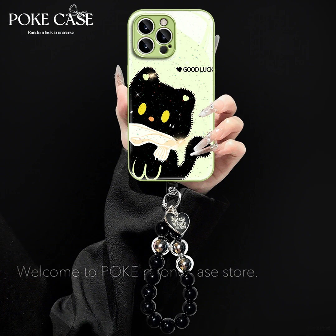 浅绿色金属漆可爱小猫适用苹果17PRO华为vivo小米oppo手链水凝壳