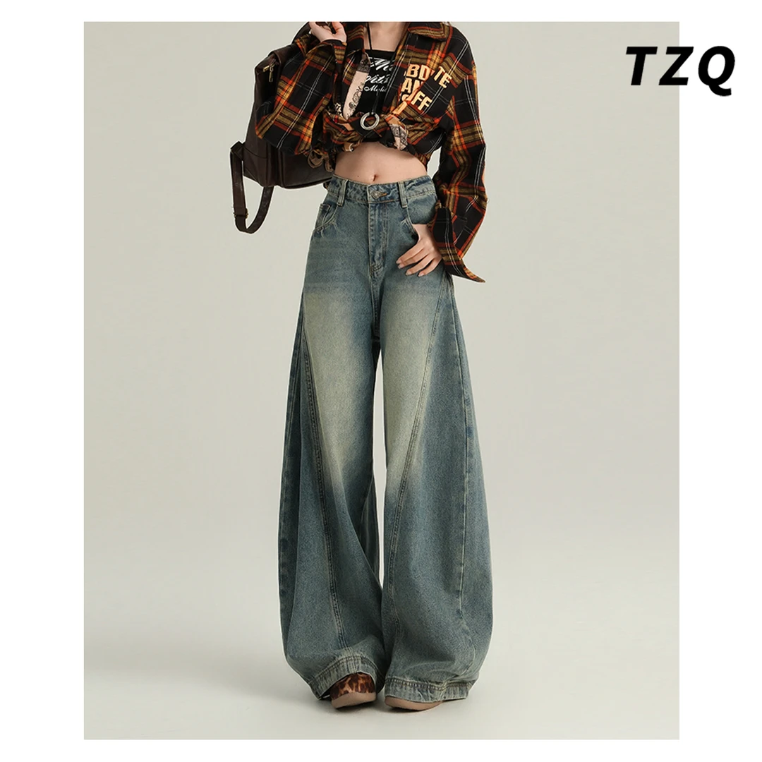 2025春季新款复古做旧牛仔弯刀裤女水洗宽松小众阔腿裤TZQ2522821