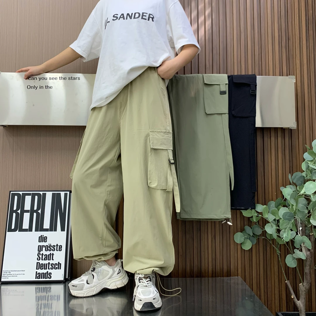 夏季薄款速干裤卡扣带子多口袋工装裤直筒弹力百搭潮流时尚休闲裤