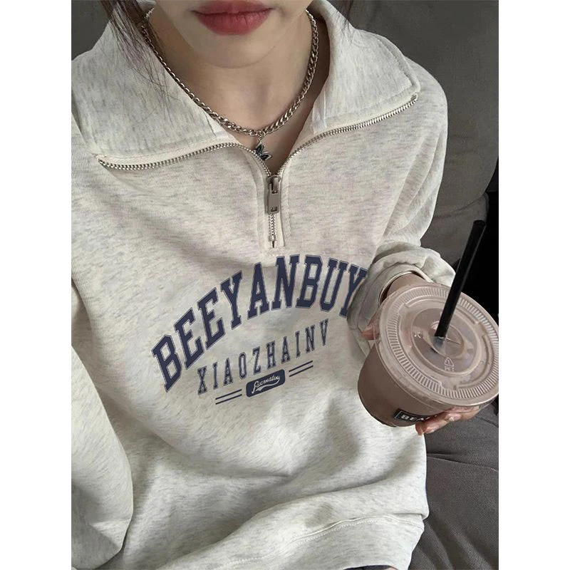 美式学院风加绒加厚Polo领卫衣女秋冬季设计感宽松半拉链外套上衣