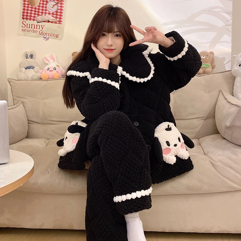 三层加厚夹棉珊瑚绒冬季睡衣女士卡通甜美法兰绒家居服套装 8982