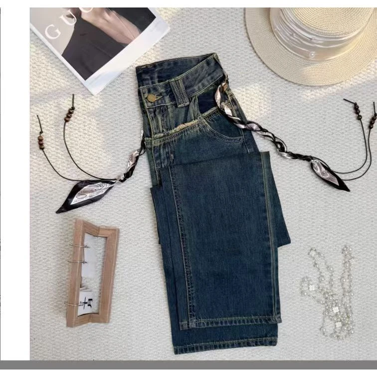 现货加绒加厚2025秋冬新款美式复古高腰阔腿直筒裤宽松牛仔裤女