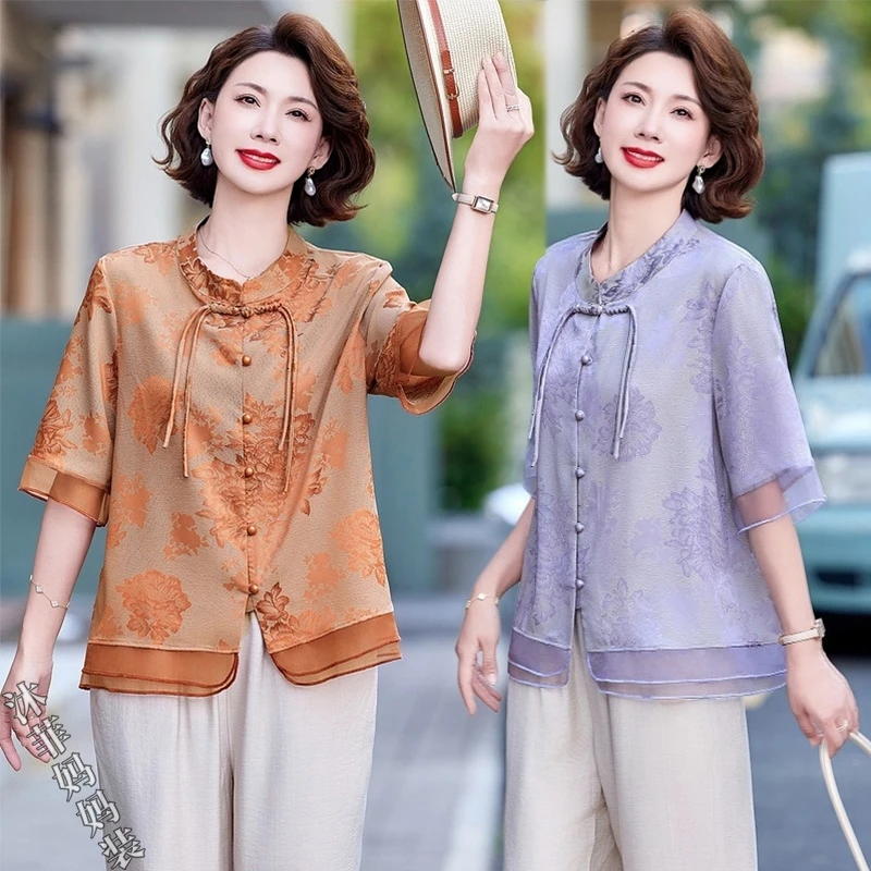 中老年女装妈妈春夏碎花衬衫上衣薄款显瘦减龄女中式国风洋气衬衫