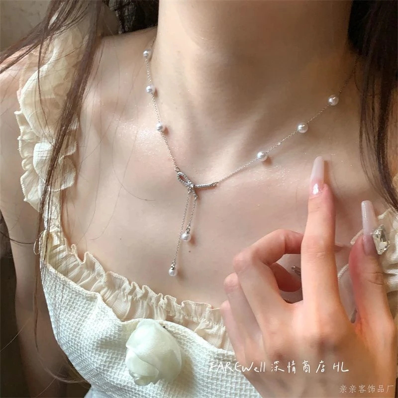 合金项链 蝴蝶结珍珠流苏项链女夏季2024年新款轻奢小众锁骨链