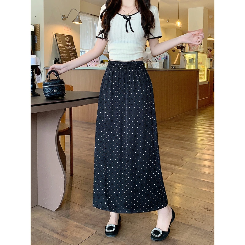 2025夏季新款波点半身裙胖mm大码气质高腰显瘦丝滑缎面洋气长裙女