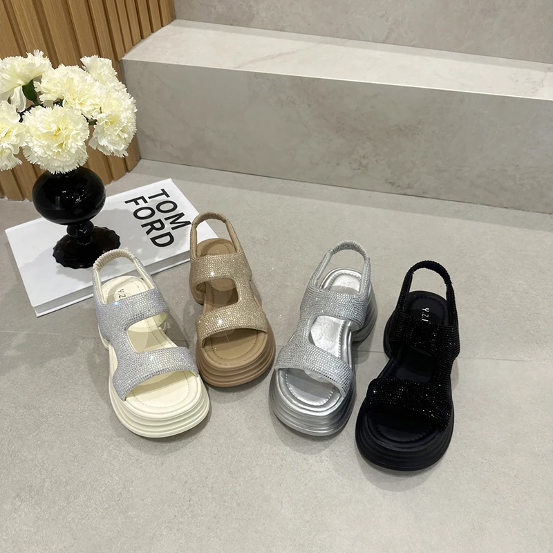 水钻凉鞋女一脚蹬聚氨酯厚底增高2025夏季新款轻巧款套脚罗马凉鞋