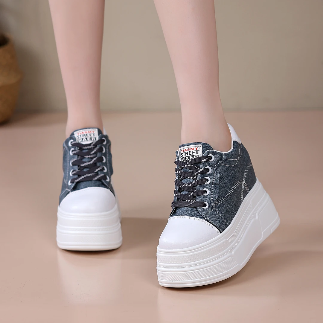 12CM增高女鞋厚底松糕鞋帆布复古板鞋秋季小个子超高跟时尚休闲鞋