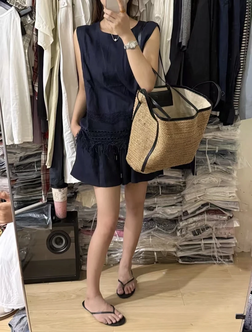 灰灰呀！5216 自在呼吸 韩系设计感拼接蕾丝流苏上衣亚麻短裤套装